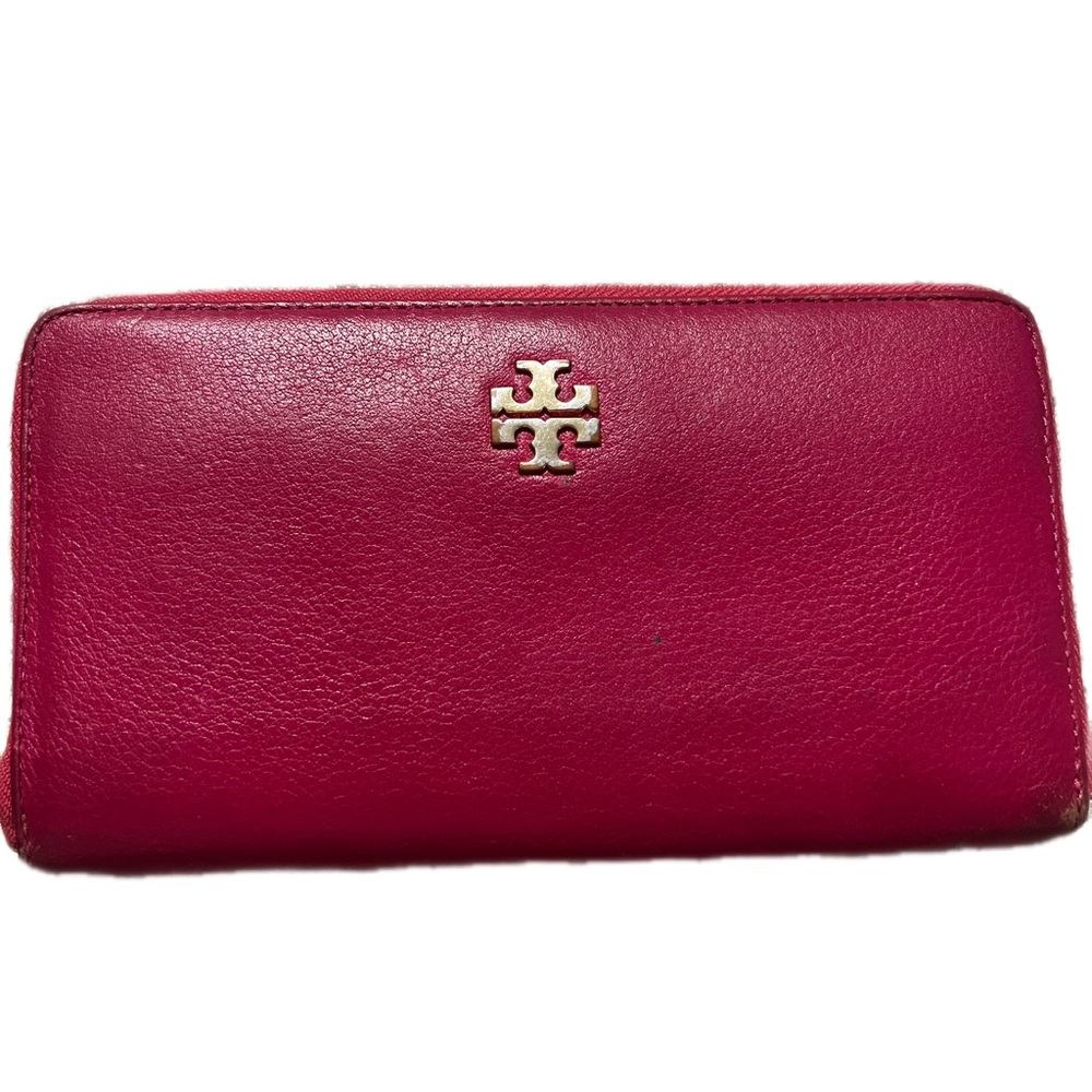 Tory Burch Raspberry Leather Zip Wallet with Gold Logo